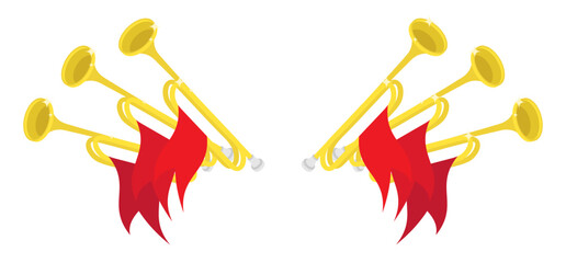 Isometric red flag adorned musical fanfares announcing the start of the event top aerial view. Realistic 3D vector concept isolated on white background © RNko