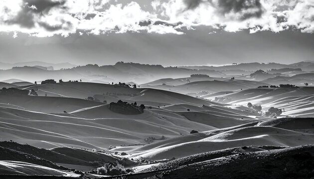 Sunlit rolling hills in monochrome, showcasing a vast landscape with subtle shadows and textures