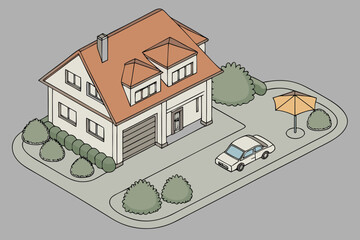 Vector art of isometric illustration of a modern house with a car parked in the driveway and a garden with an umbrella