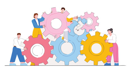 Teamwork illustration showing people collaborating to connect colorful gears together perfectly
