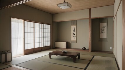 Traditional Japanese Room with Tatami Mat Flooring and Shoji Screens