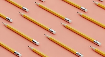 Arranged Yellow Pencils on Peach Background Creating a Minimal Artistic Patter