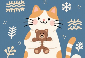 クマのぬいぐるみを抱く猫