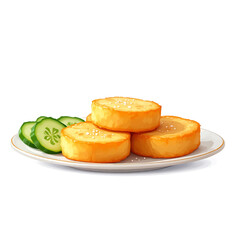Crispy golden potato rounds with fresh cucumber slices served on a white plate