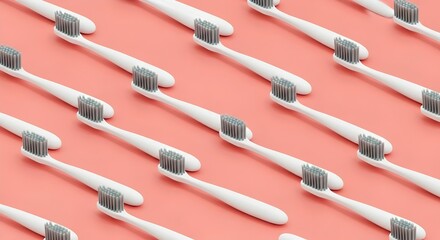Pattern of White Toothbrushes on Coral Background in Symmetrical Layout