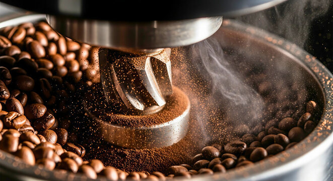 coffee maker with coffee beans, Close-up of Fresh Coffee Beans Grinding Process