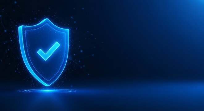 Digital blue shield with checkmark for security and protection
