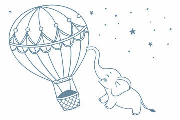 Vector art of a cute baby elephant reaches for a hot air balloon surrounded by stars in a whimsical sky adventure