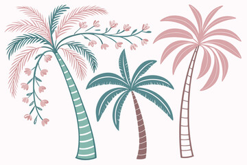 Obraz premium Vector art of three stylized palm trees in pastel colors create a summery tropical vibe perfect for vacation and travel themed designs