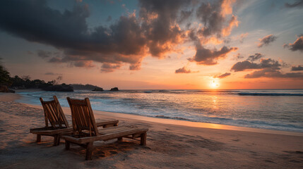Two beach chairs on sand facing ocean at sunset with cloudy sky background