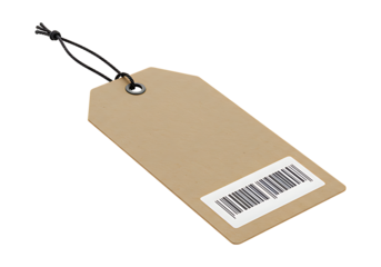 Hanging product label with string and barcode for clothing and product branding visuals