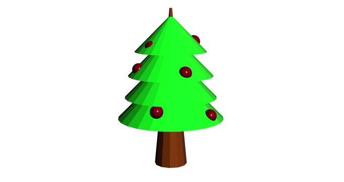 low-poly 3D animated Christmas tree adorned with red ornaments against a clean white background.  The animation is subtle, creating a calm and festive mood - Powered by Adobe