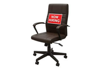 Job interview chair with Now Hiring tag for recruitment and employment campaign visuals