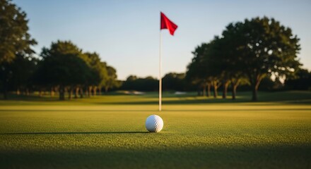 Golf ball on green near a red flag on a sunny day, ready to be putted