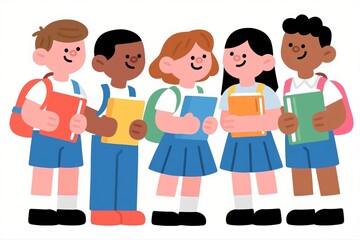 Fototapeta premium School kids collection. Group of cartoon multinational children in school uniform, standing with books and school bags. Isolated on white.