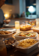 Assorted Takeout Food in Eco-Friendly Containers on Dining Table