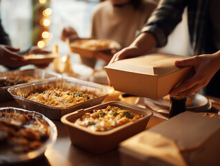 Assorted Takeout Food in Eco-Friendly Containers on Dining Table