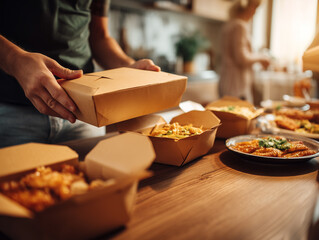 Assorted Takeout Food in Eco-Friendly Containers on Dining Table