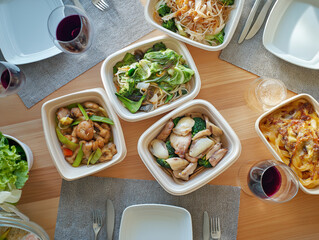 Assorted Takeout Food in Eco-Friendly Containers on Dining Table