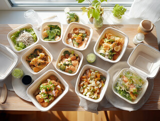 Assorted Takeout Food in Eco-Friendly Containers on Dining Table