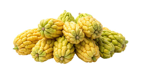 Obraz premium Buddha's hand citron, stacked in a pile, isolated on white backdrop