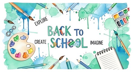Vibrant "Back to School" watercolor design with art supplies, encouraging creativity and imagination.