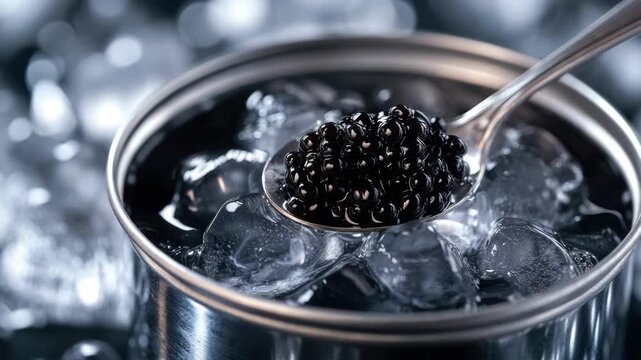 Fancy food served in a container, with caviar on spoon, and ice packaging.