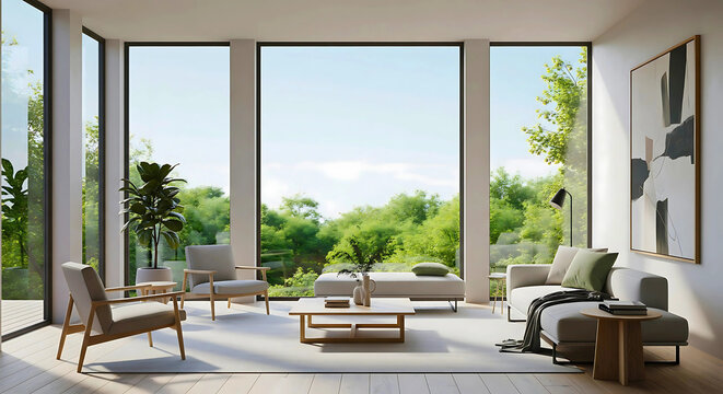 modern living room with window, Bright and Modern Living Room Interior with Large Windows