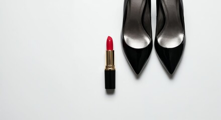 Obraz premium Lipstick next to heels on white surface with crisp studio light and symmetrical top-down editorial