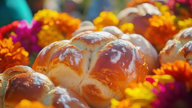 Close-up of assorted bread rolls covered with flower petals, showcasing variety and decorative appeal. Perfect for festive occasions or simply to enjoy in a garden setting.