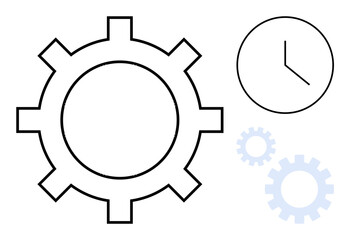 Gear and clock icons highlight teamwork, productivity, and operational efficiency. Ideal for time management, workflow, engineering, planning, deadlines organization and scheduling. Simple flat