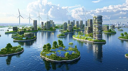 Floating city on the ocean powered entirely by renewable resources with wind turbines and solar panels everywhere integrated with vertical farming to support the population