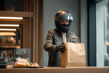 Food delivery rider picking up takeout orders from restaurant counter reflect the modern food delivery ecosystem and last-mile logistics in urban environments