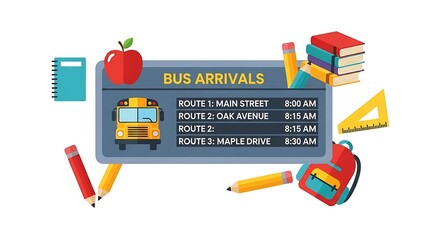 Illustration of school bus arrivals schedule with school supplies and a yellow school bus image