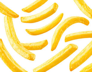 Floating French Fries in Mid-Air on White Background