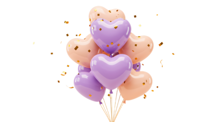 Cluster of pastel purple and peach heart-shaped balloons with golden confetti, festive and romantic decoration perfect for weddings and Valentine's Day