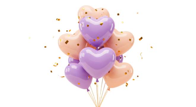 Cluster of pastel purple and peach heart-shaped balloons with golden confetti, festive and romantic decoration perfect for weddings and Valentine's Day
