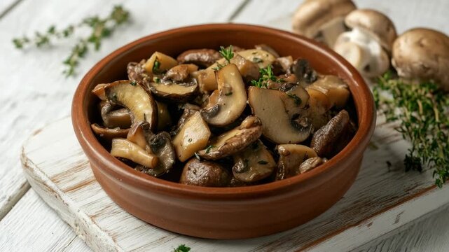 A bowl of hearty mushroom and beef ragu, served with a side of fresh mushrooms. A rich Italian dish perfect for colder months.