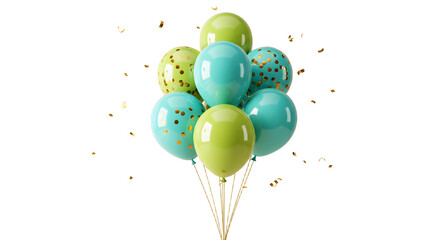 Colorful bunch of teal and lime green balloons with gold confetti, isolated on white background, perfect for celebrations and party decorations