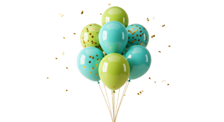 Colorful bunch of teal and lime green balloons with gold confetti, isolated on white background, perfect for celebrations and party decorations