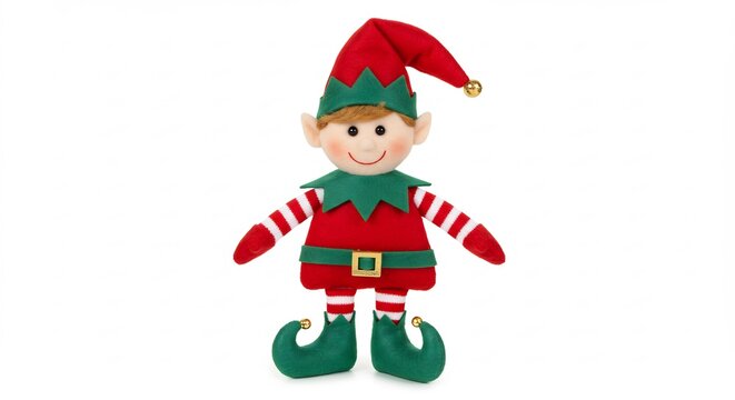 Niedlicher Weihnachtswichtel steht fr�hlich weisses Hintergrund weichem Stoff. AI Generated
