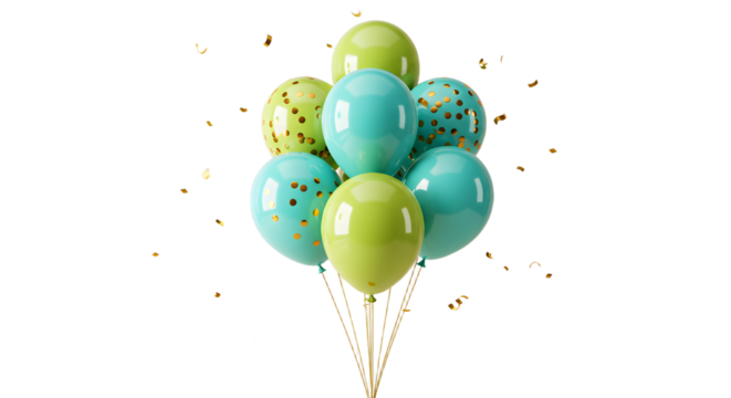 Colorful bunch of teal and lime green balloons with gold confetti, isolated on white background, perfect for celebrations and party decorations