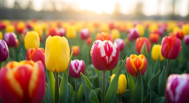 Fr�hlingsfarben leuchten hell im warmen Sonnenlicht Tulpenfeld. AI Generated