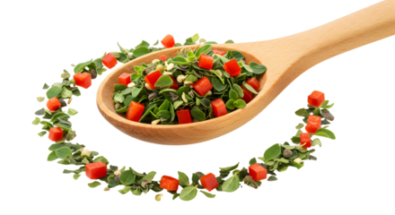 Fresh chopped salad ingredients with tomatoes and greens on a wooden spoon, healthy cooking concept, perfect for recipe blogs