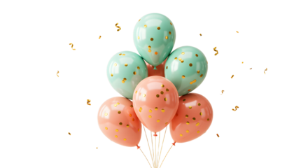 Pastel balloons with gold confetti floating on strings, festive decoration for parties and celebrations, perfect for birthdays and baby showers