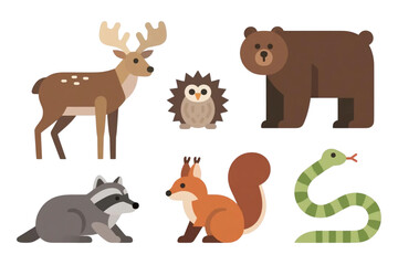 Vector illustration of forest animals: moose, deer, bear, hedgehog, rabbit, squirrel, beaver, wolf, fox, raccoon, owl, grass snake, isolated on white background.