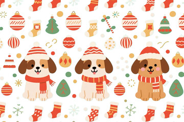 Christmas and Dogs patterns collection. Vector illustration of three flat seamless patterns with cute cartoon puppies in winter hats and scarfs, Christmas socks, balls, and other decor