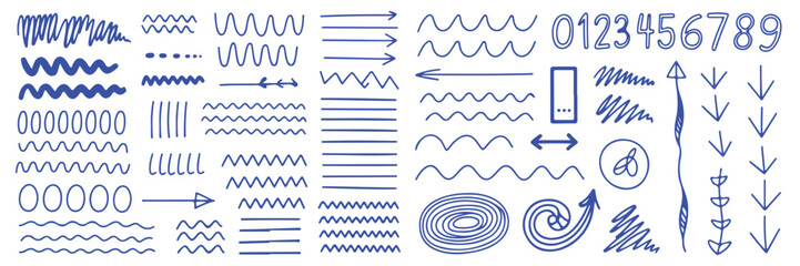 Collection of Hand Drawn Doodle Elements Blue Scribbles and Arrows Illustration Background Vector Design Concept