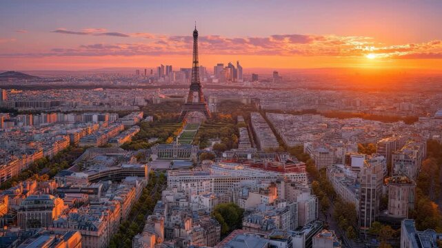 Aerial View of Eiffel Tower at Sunset Over Paris Skyline