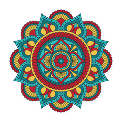 Vector mandala isolated on white background. Ornament card with mandala on red, blue and yellow colors. Oriental pattern, vintage decorative element for design